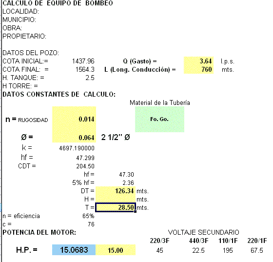 Cálculo do documento do equipamento de bombeamento