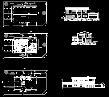 Family house with dental office; top view: high and low; ceilings; sections and facade