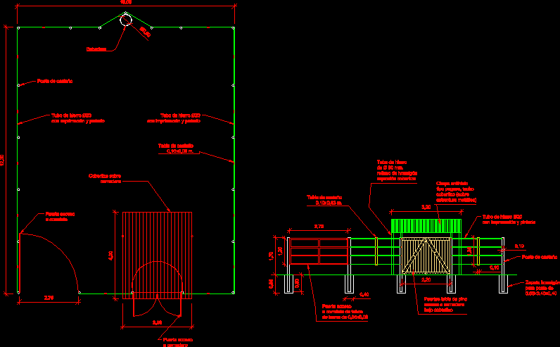 Plan and elevation corral for horse with feeder and drinker