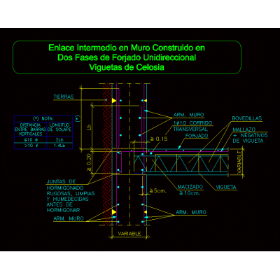 Enlace intermedio en muro construido en dos fases
