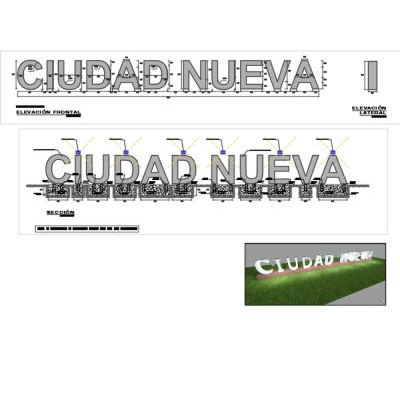 Detalle de letras de fibra de vidrio iluminado con reflectores