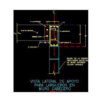 Detalle en corte de empotre de trabe de acero en muro