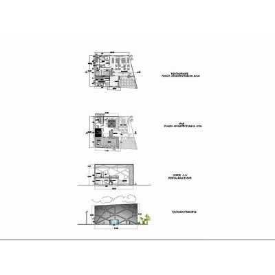 Restobar en Planta, Corte y Fachada