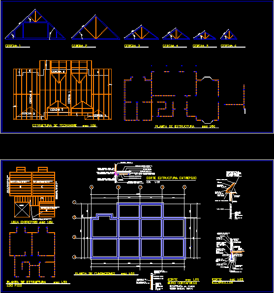 Vista superior estructura; techumbre; fundaciones; escantillon vivienda unifamiliar