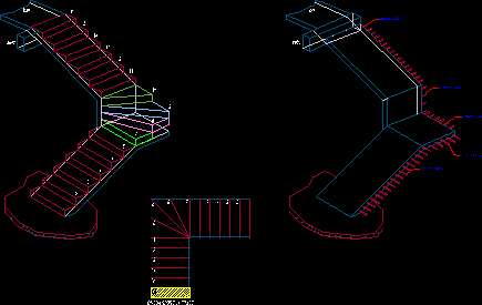 Plano e isometrico de escalera en forma de l