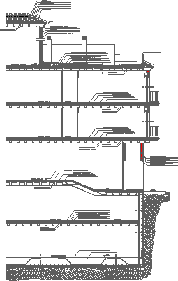 Constructive section of a basement building with two tall floors and a roof terrace
