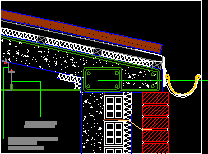 Details of the exposed brick façade start and the meeting of the façade and roof solving the gutter