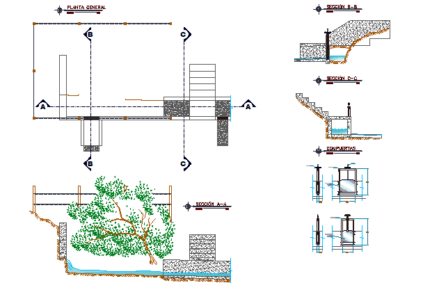 Detalles de reservorio de tierra; compuertas y captacion