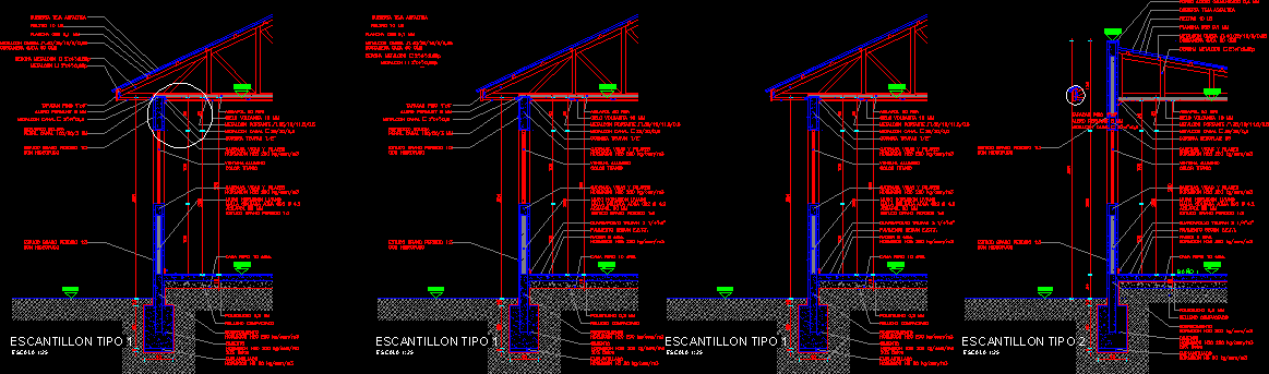 Constructive section - meeting of the inclined roof with the wall.