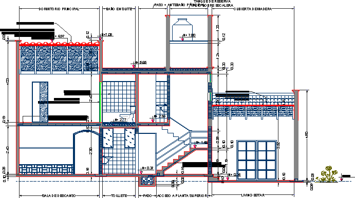 Seção construtiva - mezaninos de vigas - detalhes de concreto e ferro - telhado de madeira e telhas