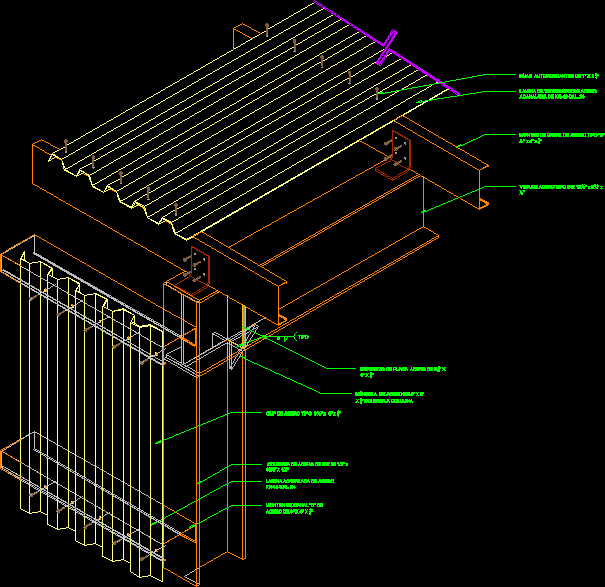 Detalhe isométrico da montagem da estrutura metálica