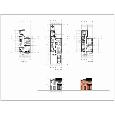Plano de vivienda unifamiliar con fachada