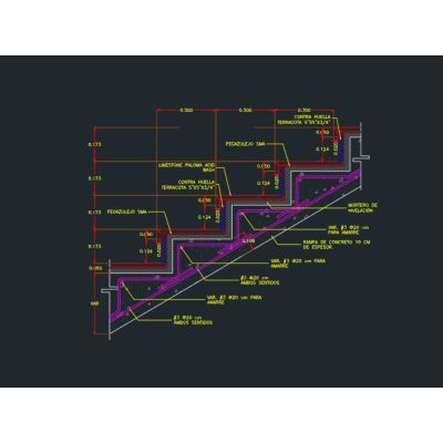 Seccion estructural de escalera con acabados.