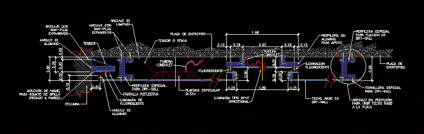 Particolare di un controsoffitto piano con corpi illuminanti incorporati; sezione