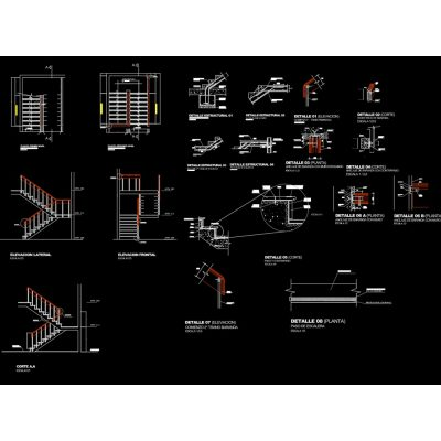 Librería CAD | Bloques CAD Gratis Archivos DWG y Objetos BIM 27 Escalera de Tres Niveles con Detalles de Barandas