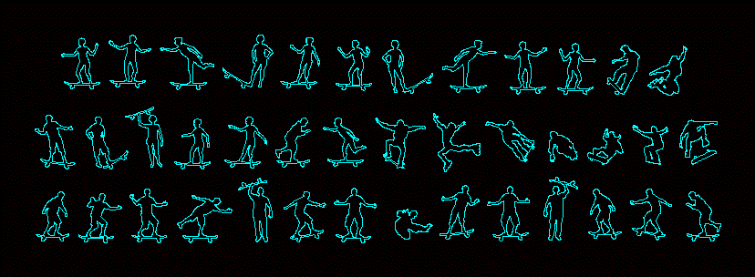 Silhouettes of people skateboards and rollerskates
