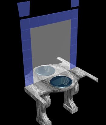 3D-Waschbecken plus Theke und Spiegel mit aufgebrachten Materialien