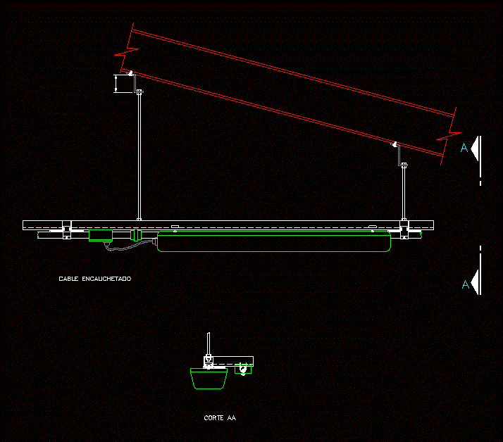 Detail of 2x32 fluorescent luminaire in beam