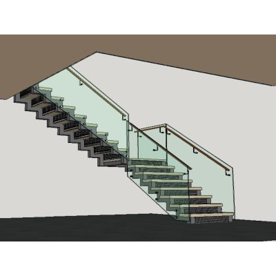 Escalera metalica en l con baranda de cristal
