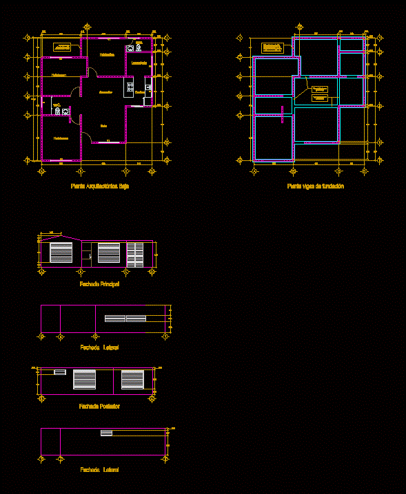 Maison 1 étage plan architectural façades et fondations