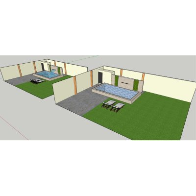 Piscina Rectangular Moderna con Solárium y Muro Decorativo