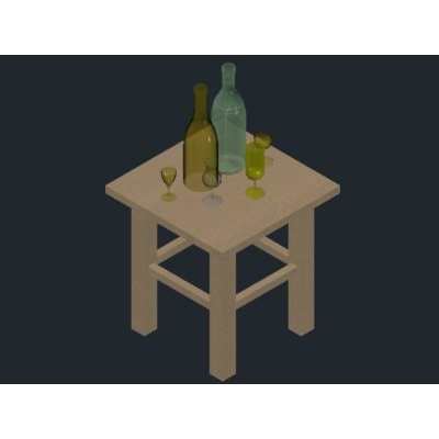 Mesa con copas y botellas en modelo 3d