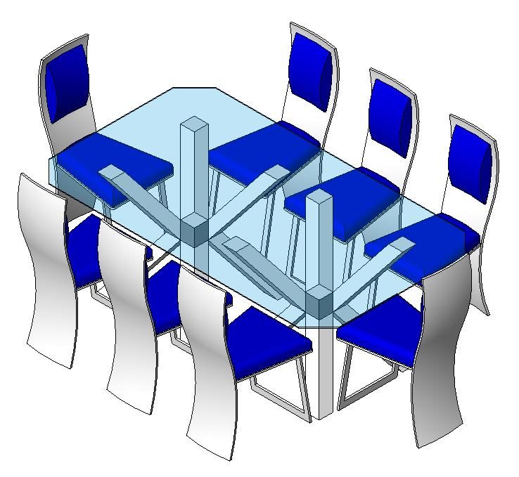Modern glass table and wooden structure with 8 chairs