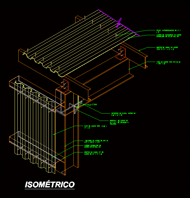 Detalle isometrico de anclaje y conexiones de muros y cubierta