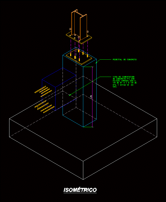 Détail isométrique de l'ancrage et de la fondation de la colonne