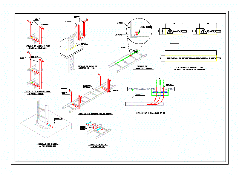 Detalhe da montagem dos caminhos de cabos