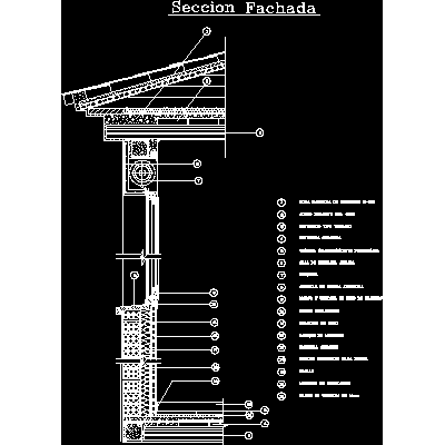 Seccion fachada con ventana cortina de enrollar y cubierta de tejas - muro con aislacion
