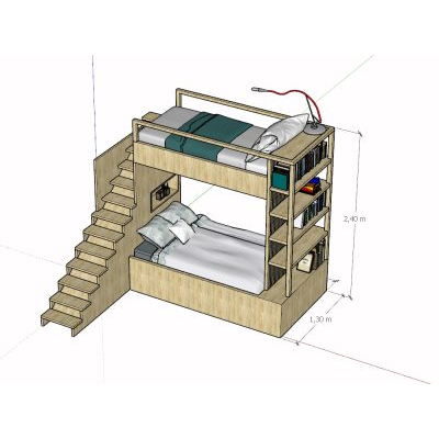 Cama multifuncional madera para ninos 3d