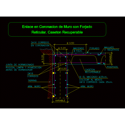Enlace en coronacion de muro con forjado reticular