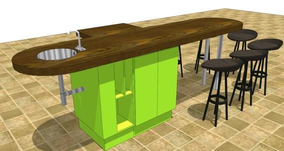 Central table with 3d kitchen glass sink