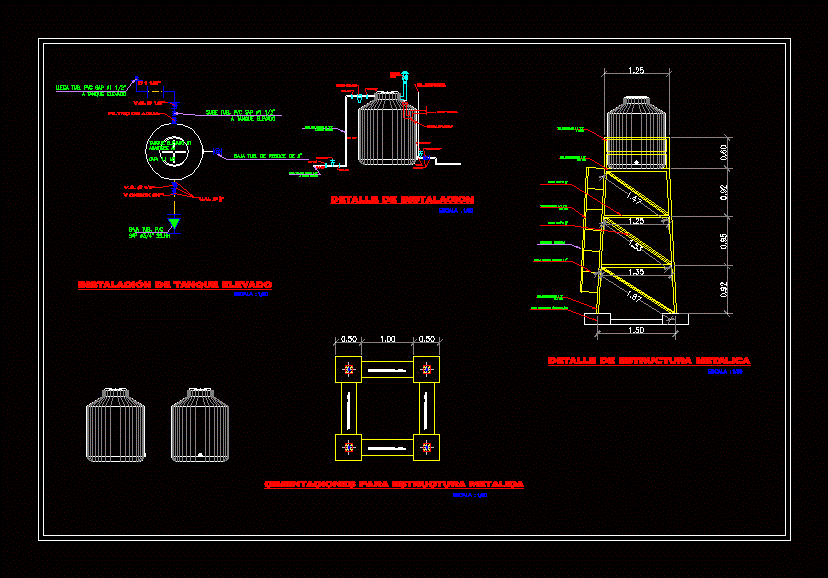 Detalle de tanque elevado y estructura metálica