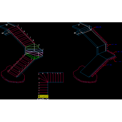 Plano e isometrico de escalera en forma de l