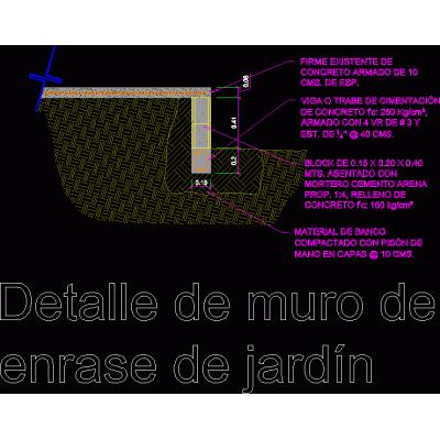 Detalle de muro de enrase para jardines en desnivel