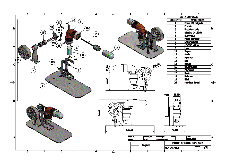 Plano despiece motor stirling tipo alfa - 2d