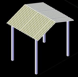 Galpão de telha de zinco e suportes de metal 3d