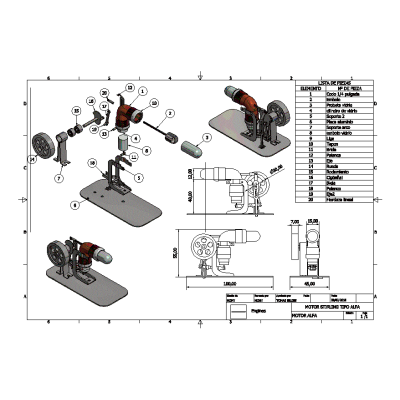 Plano despiece motor stirling tipo alfa - 2d