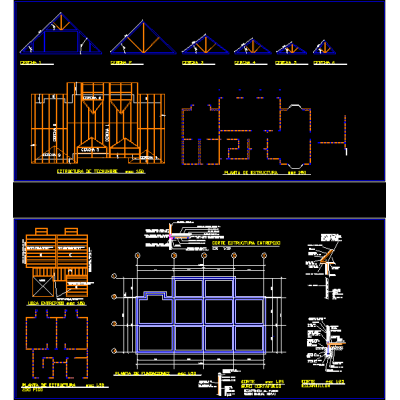 Vista superior estructura; techumbre; fundaciones; escantillon vivienda unifamiliar