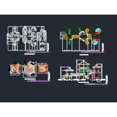 Juegos con torres y resbalines y puente colgante