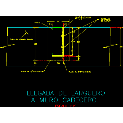 Detalle en corte de empotre de trabe de acero en muro