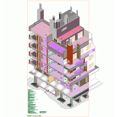Axonometrica edificio con detalles constructivos