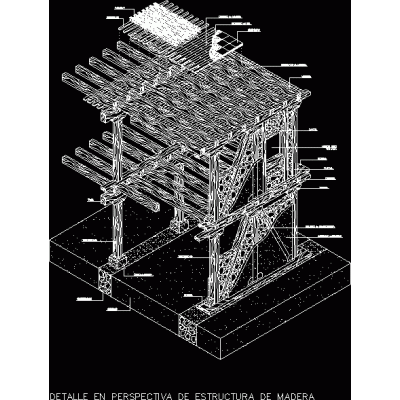 Detalle en perspectiva de estructura de madera
