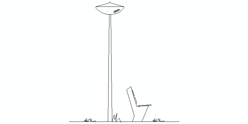 Conjunto de banco ao ar livre com poste de luz, visto em elevação