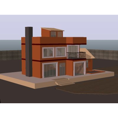 Vivienda en tres dimensiones que incluyen piscina y patio