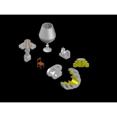Designs of cups and chairs with cuts and sections