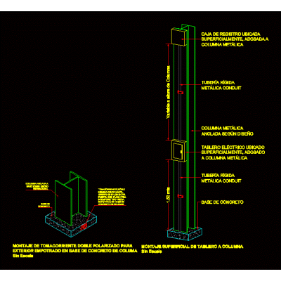 Detalles en isometrico tomacorrientes y tablero eectrico en columna