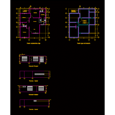 Casa 1 piso planta arquitectonica fachadas y cimentacion